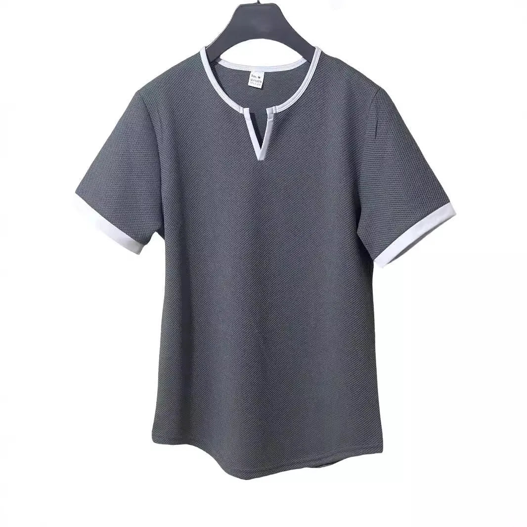 Men's colour-block V-neck short-sleeve sports T-shirt on a hanger, showing waffle texture and multiple colour options.