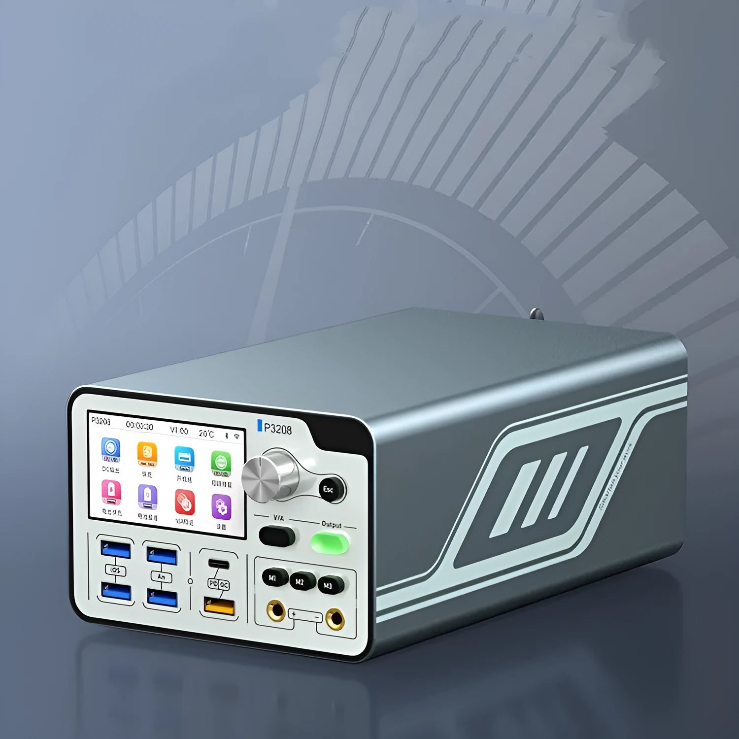 320W intelligent power meter with blue case and 3-inch display, showing voltage and current readings.