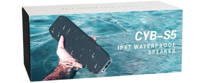 Black portable wireless Bluetooth speaker with waterproof construction and 20W output power