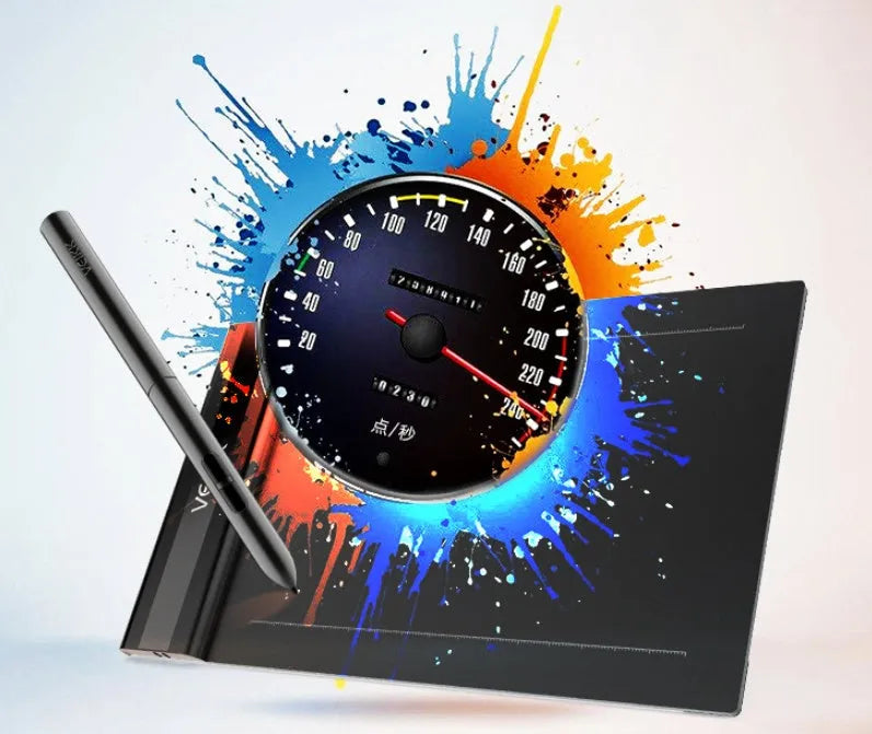 S640 black graphics tablet with passive pen on white background, 6x4 inch active zone