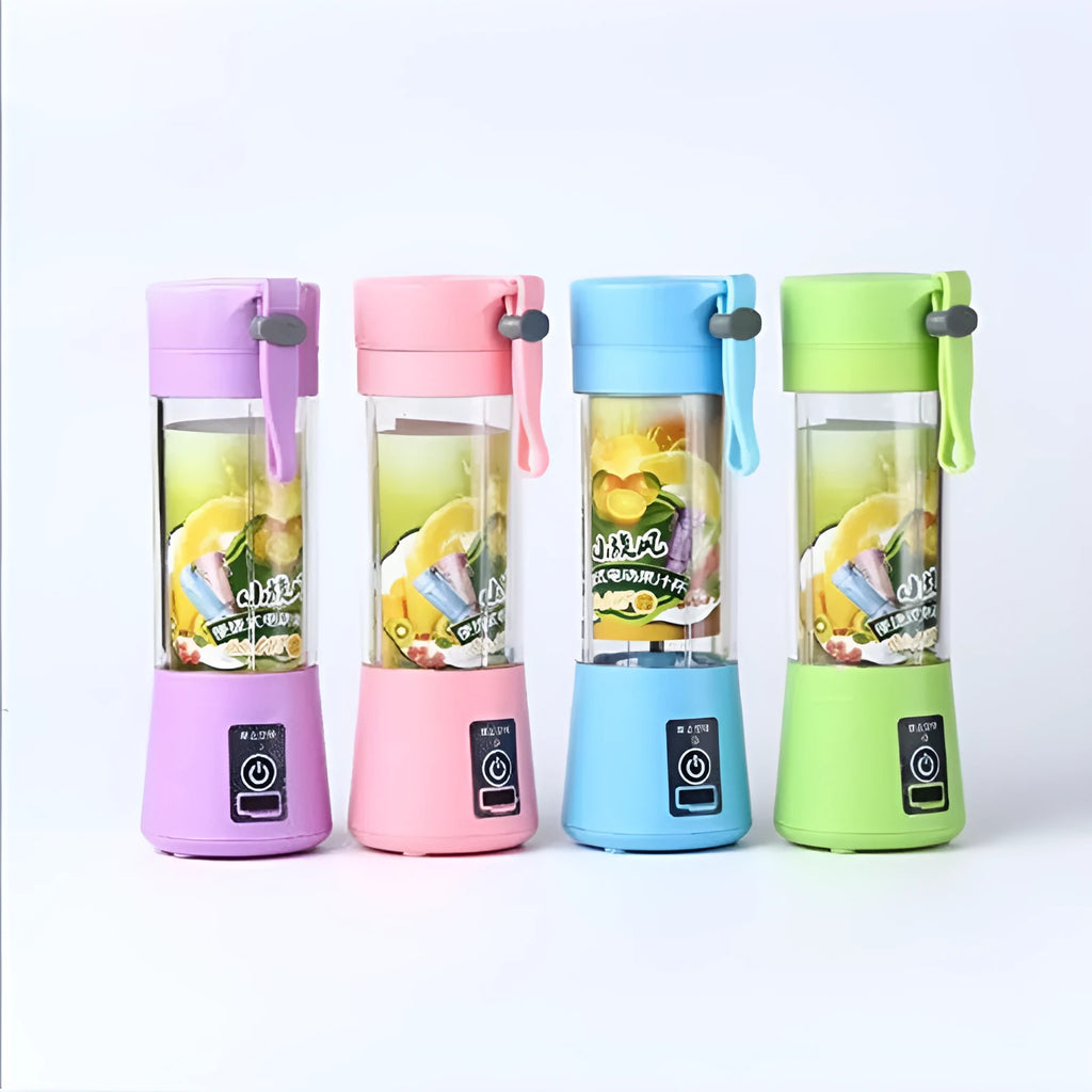Mini USB electric citrus juicer with carry rope in pink, purple, blue, or green colours