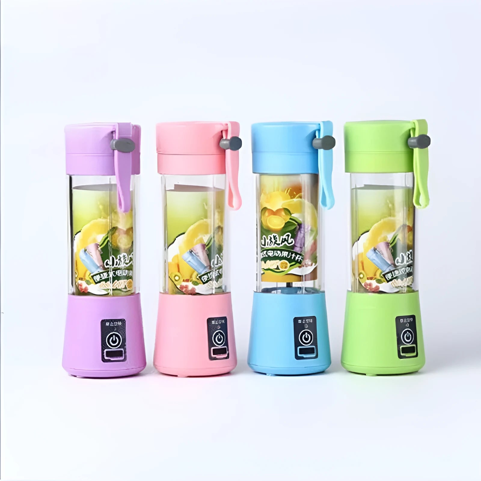 Mini USB electric citrus juicer with carry rope in pink, purple, blue, or green colours