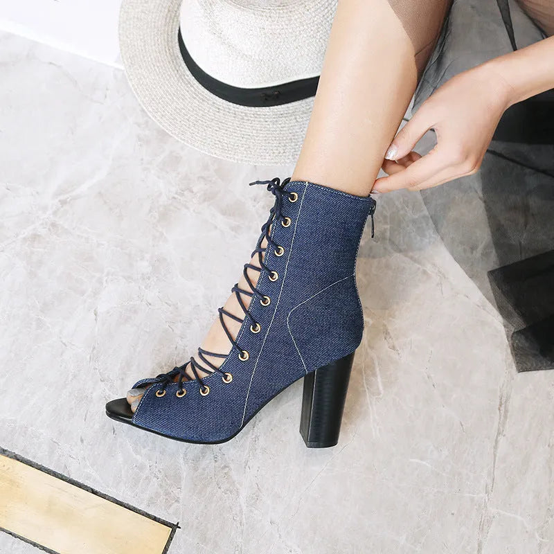 Denim high heels with thick heel above 8cm, peep toe, front tie, rubber sole, in Black, Blue, or Navy Blue