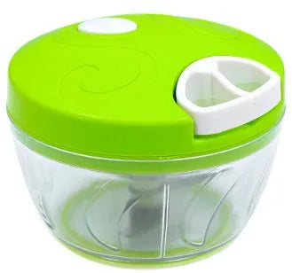 Green manual food chopper with three stainless steel blades and a 500ml plastic container.