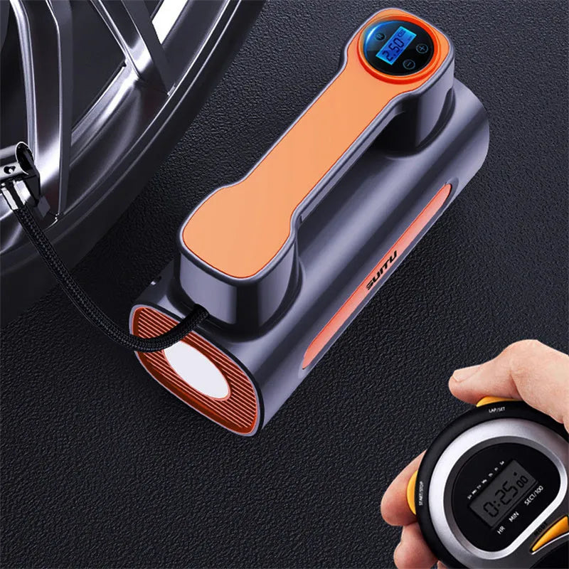 Cordless portable tyre inflator with digital display showing pressure reading