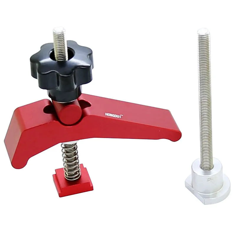 Red-handled aluminium alloy woodworking table block slide holder with a flat mouth shape.