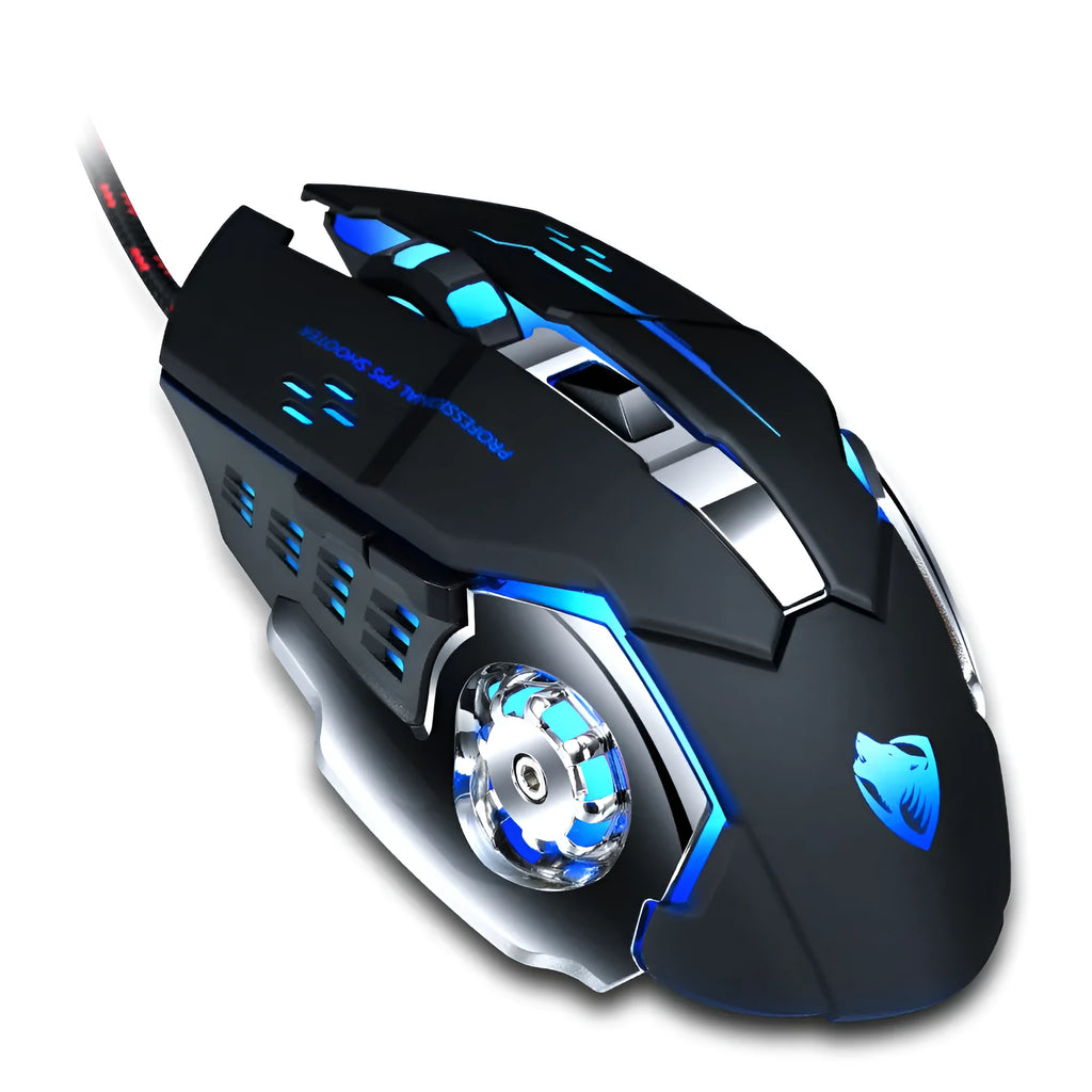 Wired gaming mouse with 1600dpi optical sensor, six buttons, USB cable, shown in black, blue, grey, and white