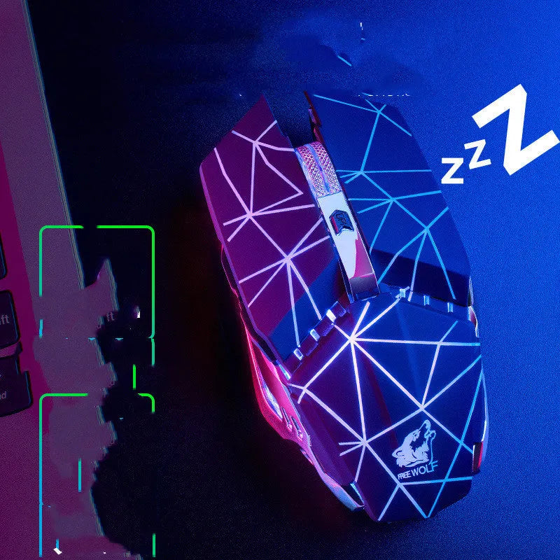 Rechargeable wireless gaming mouse in black colour with six buttons and scroll wheel.