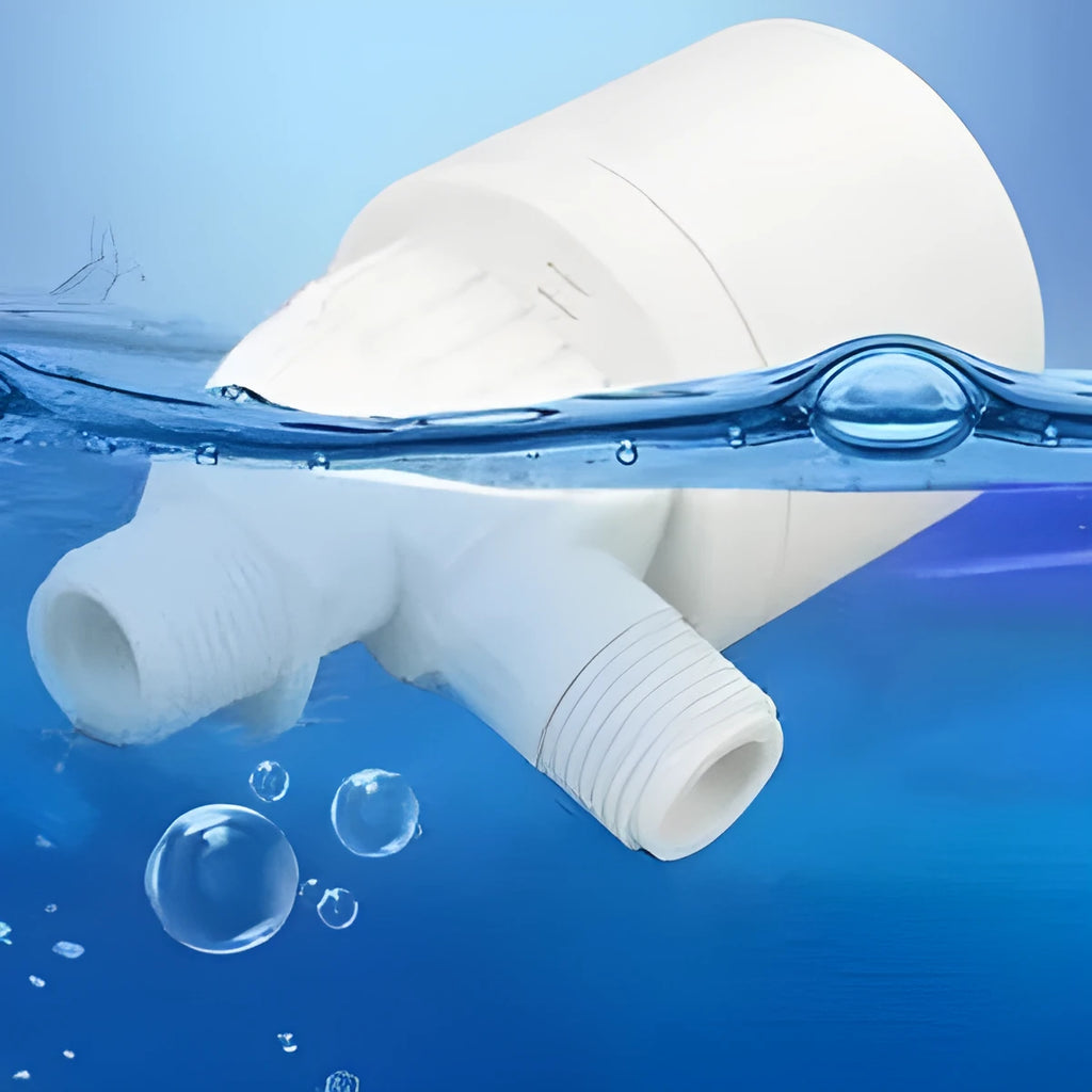 White nylon automatic float valve with brass thread connections for water level control.