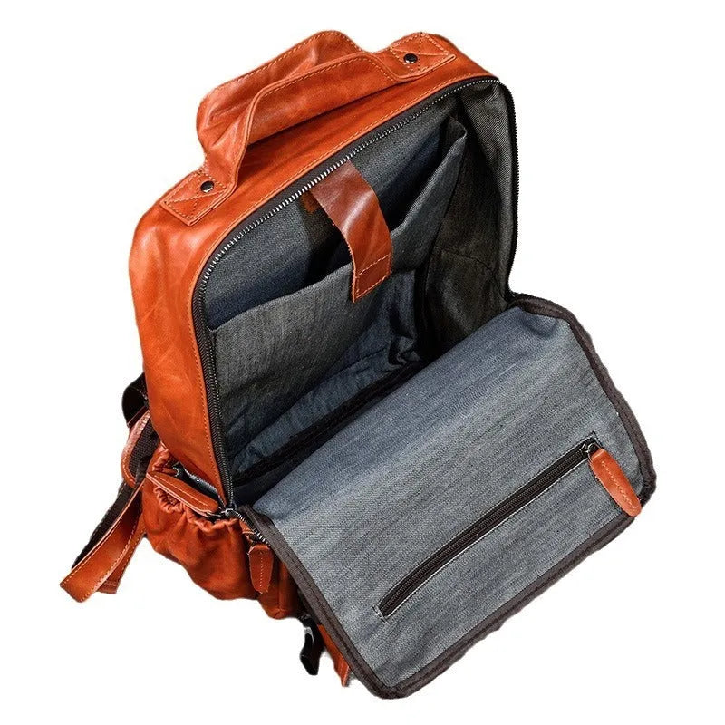 18-inch cowhide flip shoulder computer bag in blue black, 39cm x 28cm x 10cm, first layer leather, large capacity