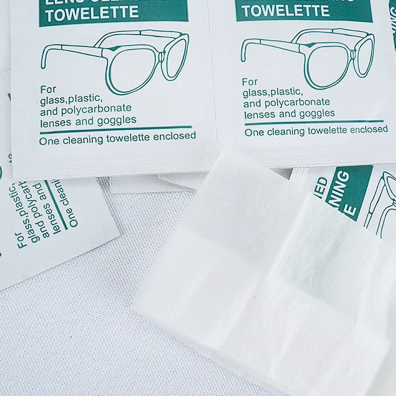 Pack of 100 individually wrapped optical cleaning wipes for glasses, lenses, and screens.