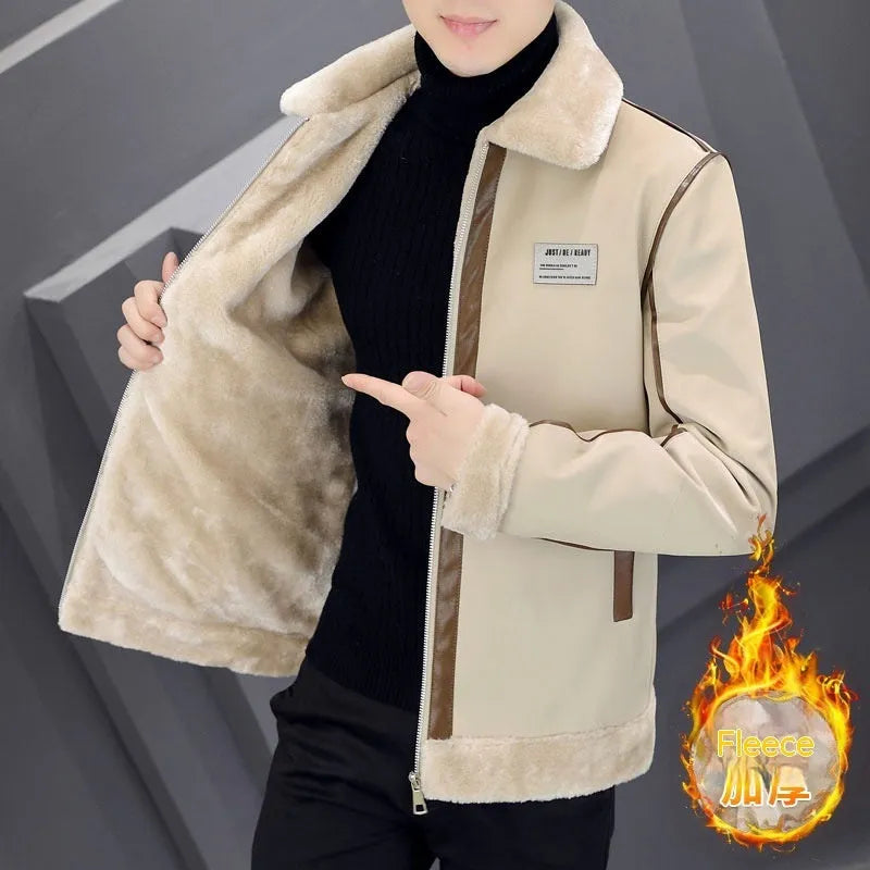 Men's corduroy coat with velvet lining and fur trim, available in black, gray, dark brown and milky white, Asian sizes 165-185