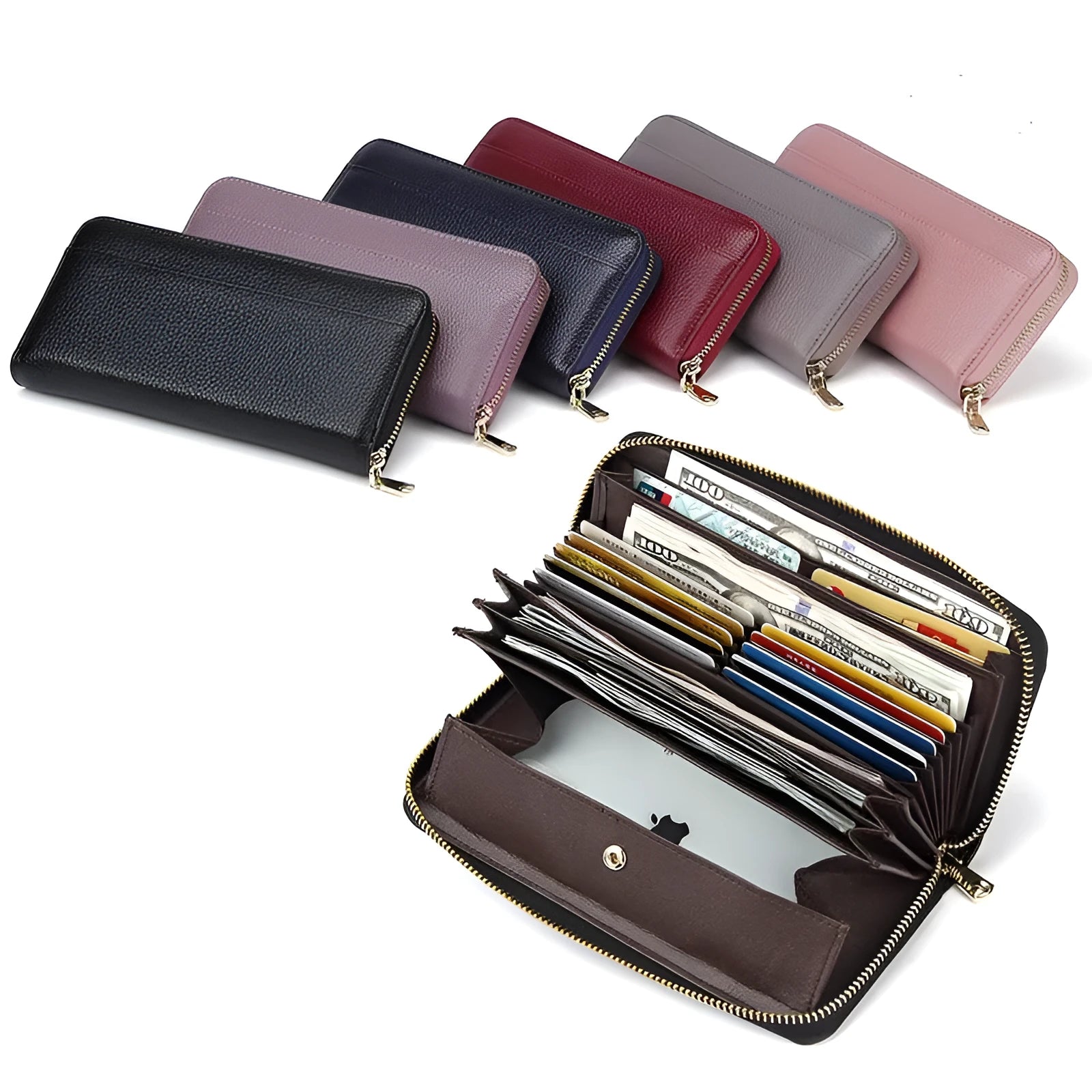 Women's long genuine leather wallet in black showing card compartments and anti-theft swiping feature