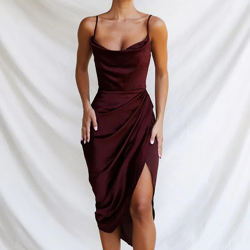 Satin split skirt dress in high waist design with sleeveless mid-length cut available in multiple solid colours