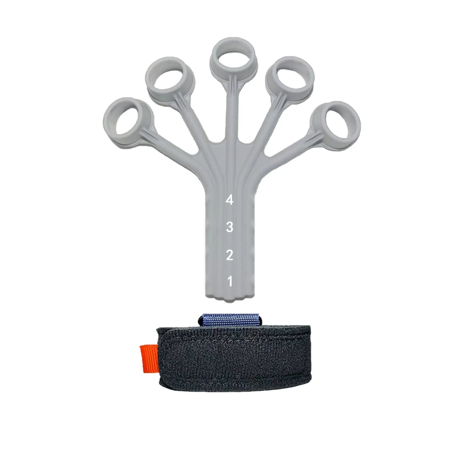 Black and grey silicone finger flexion extension trainer with adjustable elastic belts laid flat.