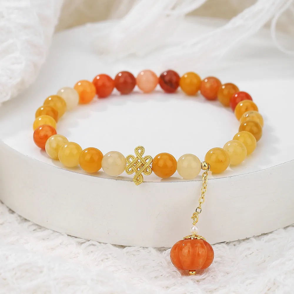 Handmade Jinsi Jade pumpkin beads bracelet, 6mm golden yellow, retro women's jewellery