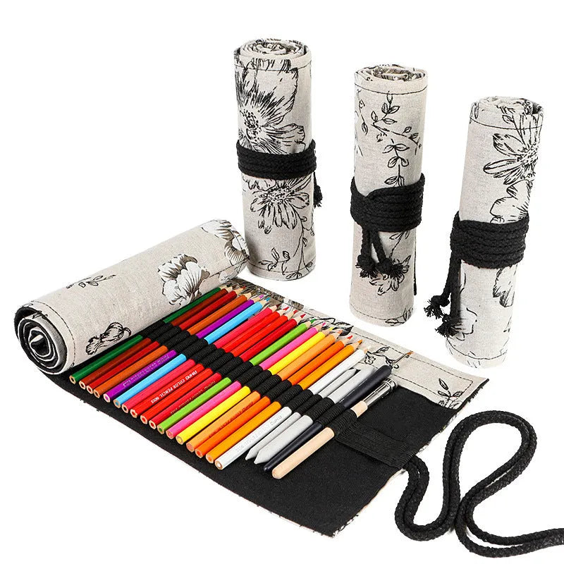 Black peony floral print canvas pencil roll bag open to show multiple tool holes.