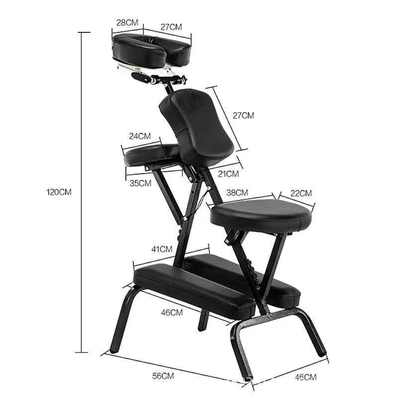 Folding massage chair in black with PVC leather seat and wood steel frame for tattooing and massage use
