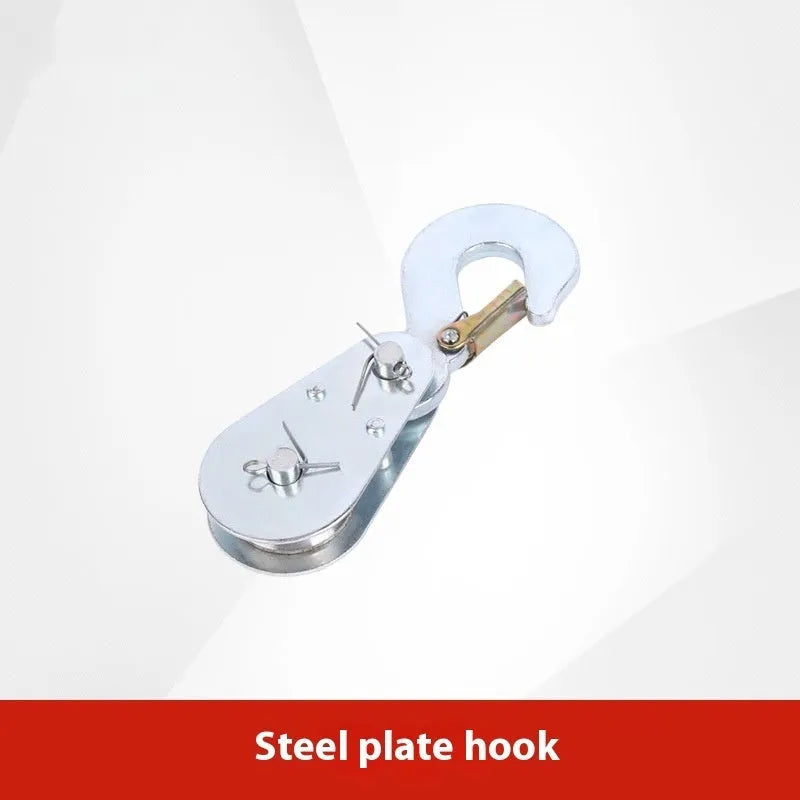Red industrial lifting pulley with a safety latch on the forged steel hook.