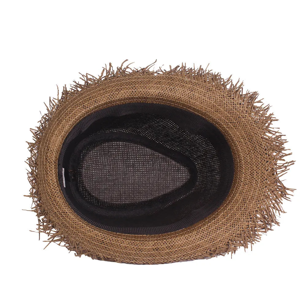 Men's straw top hat in cone shape with short brim, satin weave, free size 58cm, in khaki colour