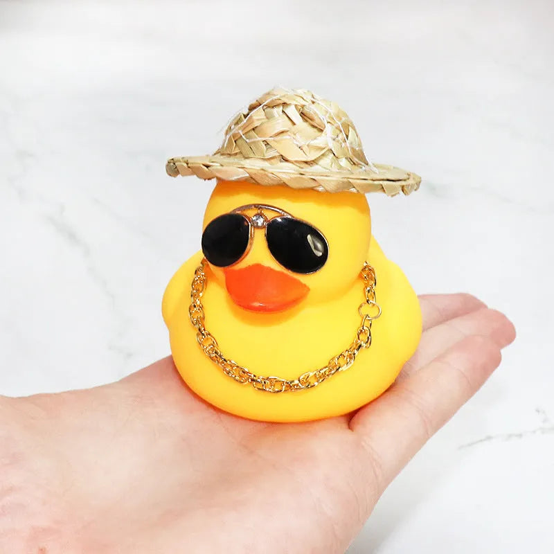 Straw hat yellow duck car dashboard ornament with sunglasses accessory on matte finish