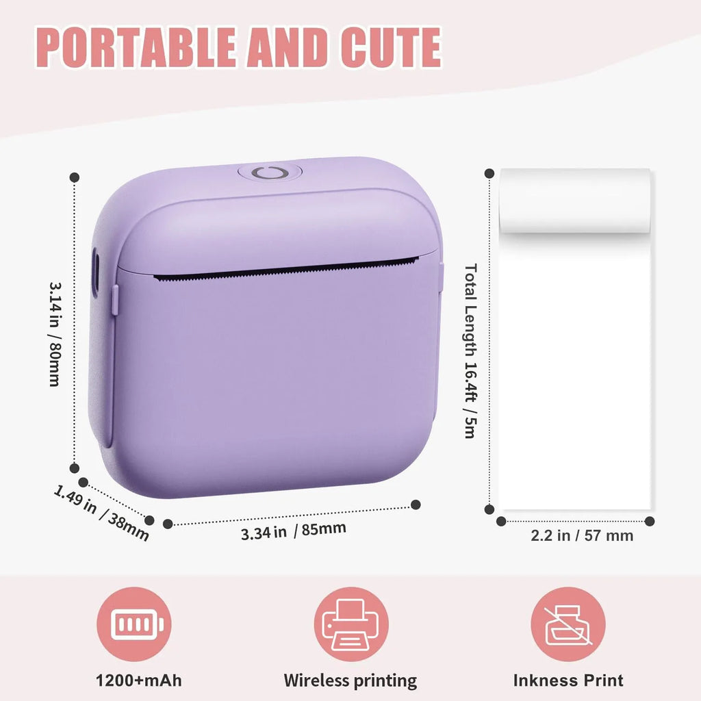 Mini Bluetooth thermal printer 85x35x80mm for household label printing, available in beige, green, or purple.