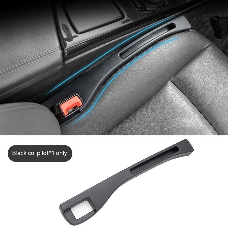 Black car seat gap storage box organiser between vehicle front seats with customisable handles