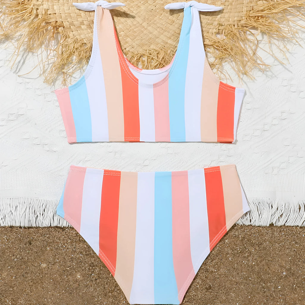 Girls' plaid print two-piece swimsuit set with bra top and briefs for swimming.