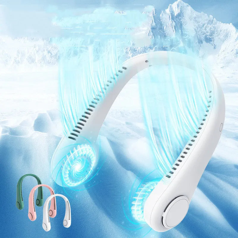 White bladeless neck fan worn around neck showing decentralised air outlet and minimalist design