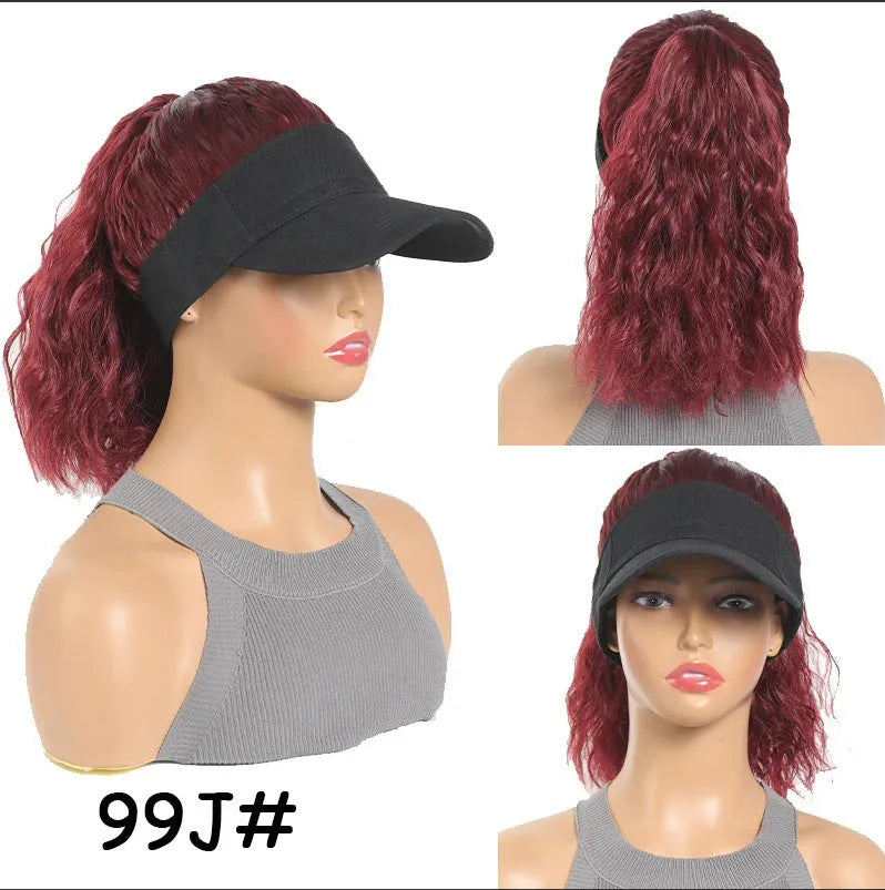 Women's short wavy roll hooded wig in domestic silk hair material showing horse tail waves style