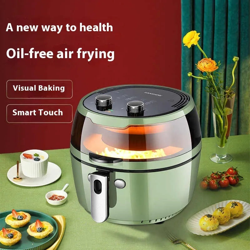 Large 8-litre capacity air fryer oven with mechanical buttons and a clear viewing window on the door.