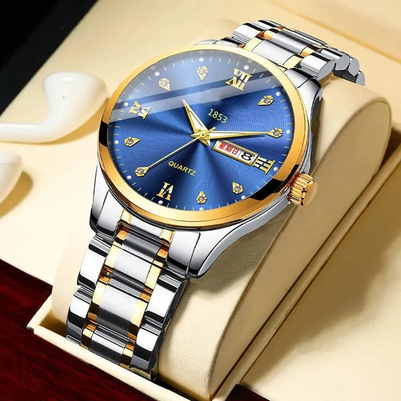 Men's fully automatic luminous quartz watch with 40mm circular dial, mineral glass, and stainless steel buckle