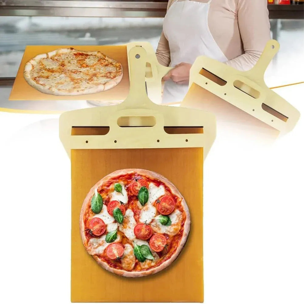 White food-grade PP plastic pizza transfer shovel with handle and hanging hole.