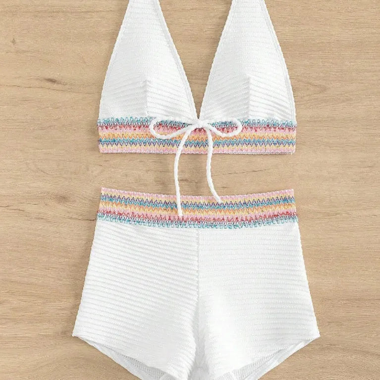 Women's high waist split leg bikini swimsuit in coral colour.