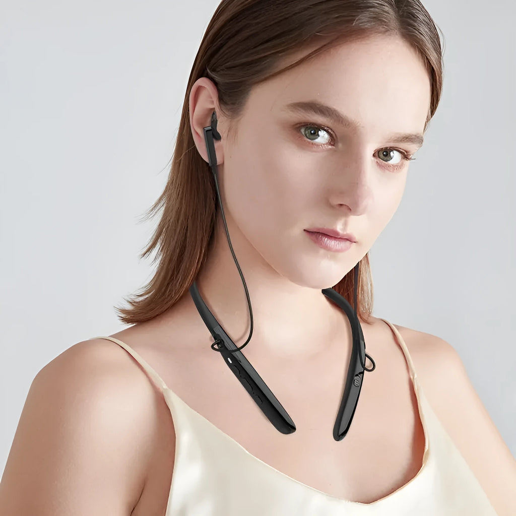 Black Bluetooth digital hearing aid with neckband, ABS body, USB power, 15 x 160 x 181mm