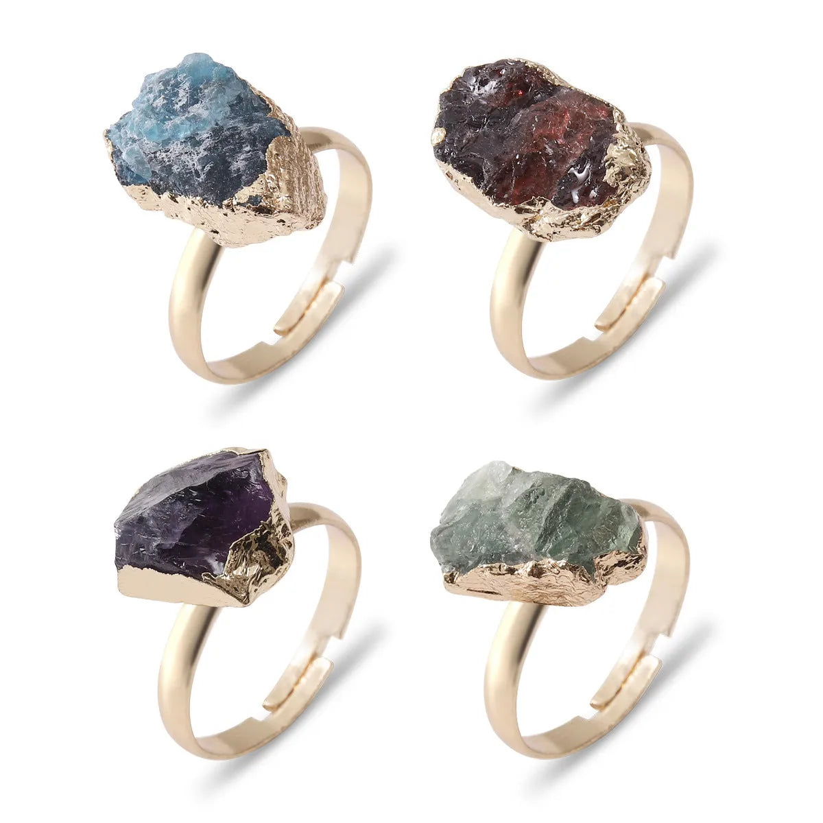 Natural rough stone open ring with gold-plated adjustable band, irregular crystal in amethyst colour