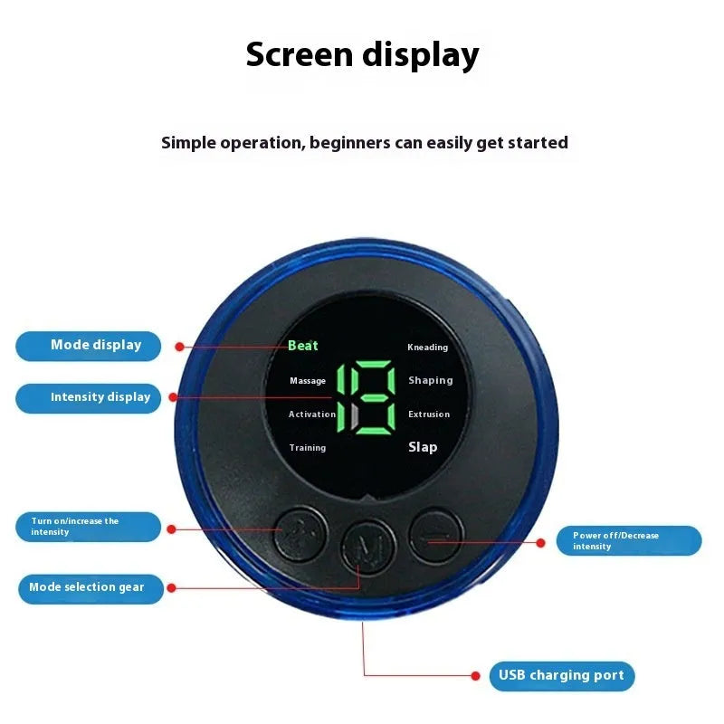 Portable EMS shoulder and neck massage instrument with USB power and ABS shell, shown with remote control and patch options.