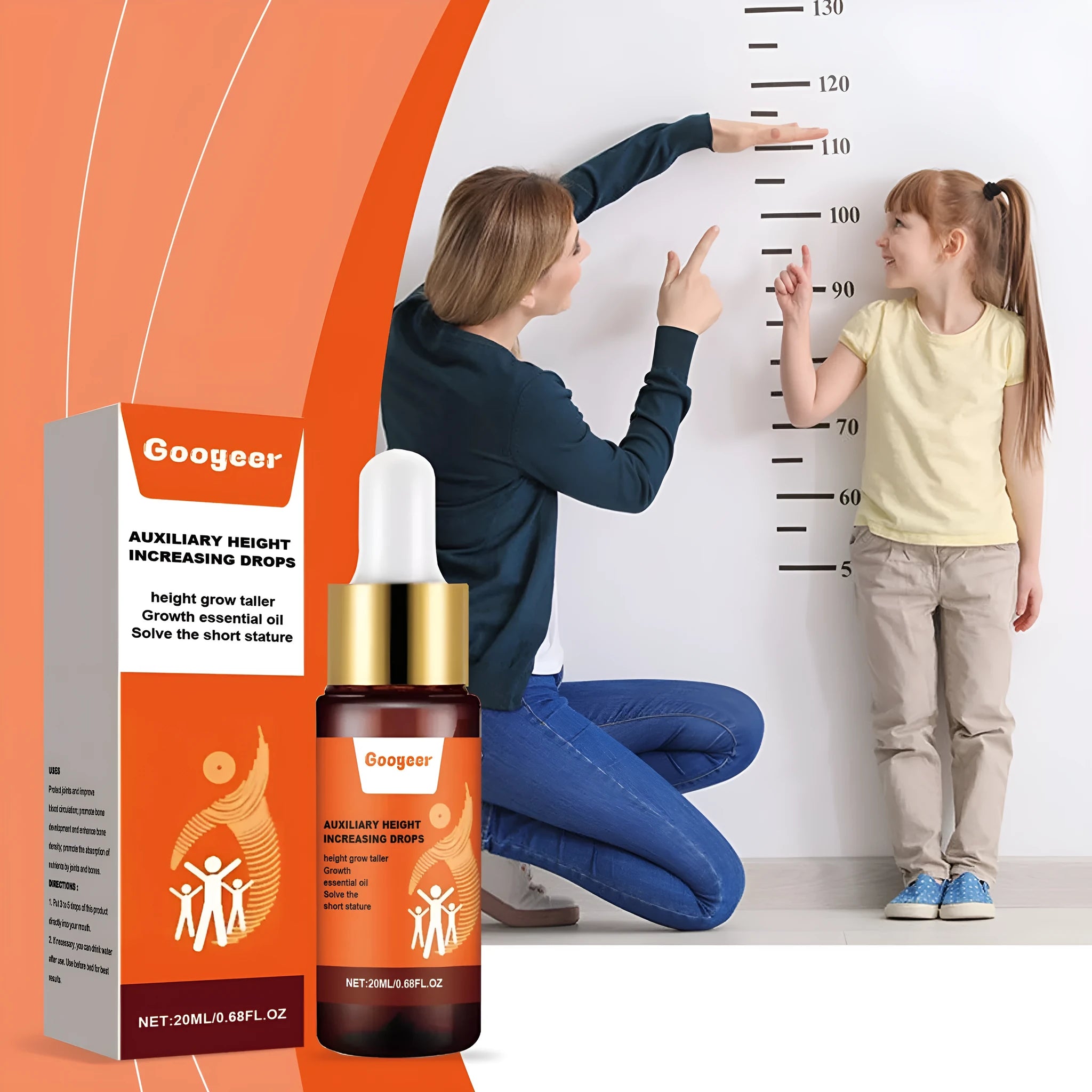 Googeer auxiliary height increasing drops 20ml bottle measuring 2.2x9cm with peppermint extract and vitamin B1