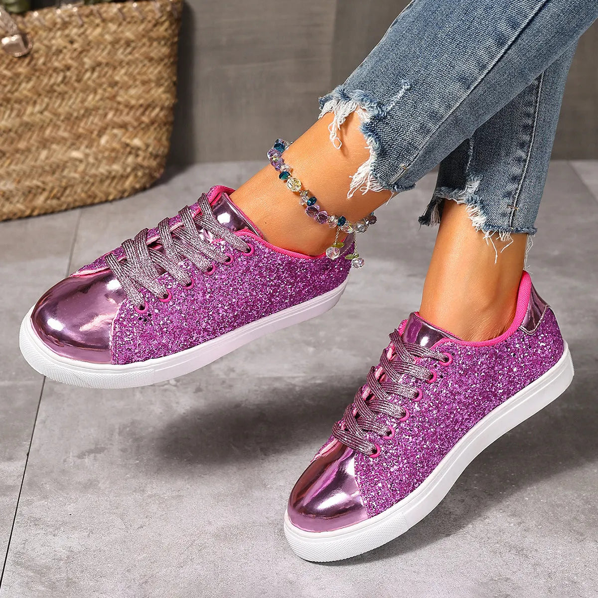 Women's plus size sequinned front lace-up board shoes in artificial leather, shown in black, gold, purple, and silver.