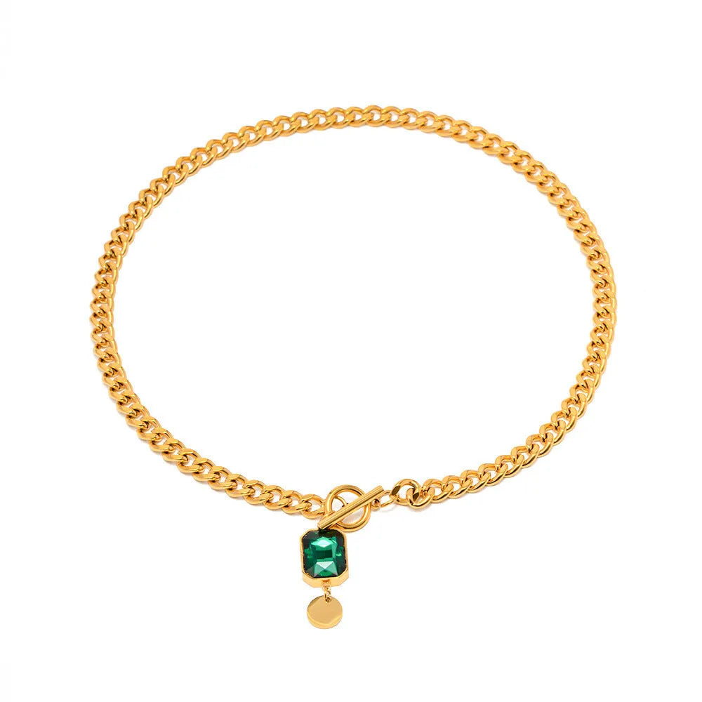 Gold electroplated titanium steel French retro pendant necklace with geometric design and emerald zircon stones