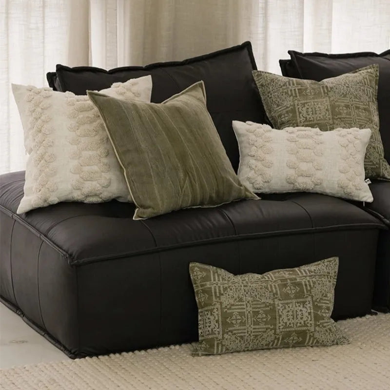 Ethnic style green natural pillowcase with feather core on sofa