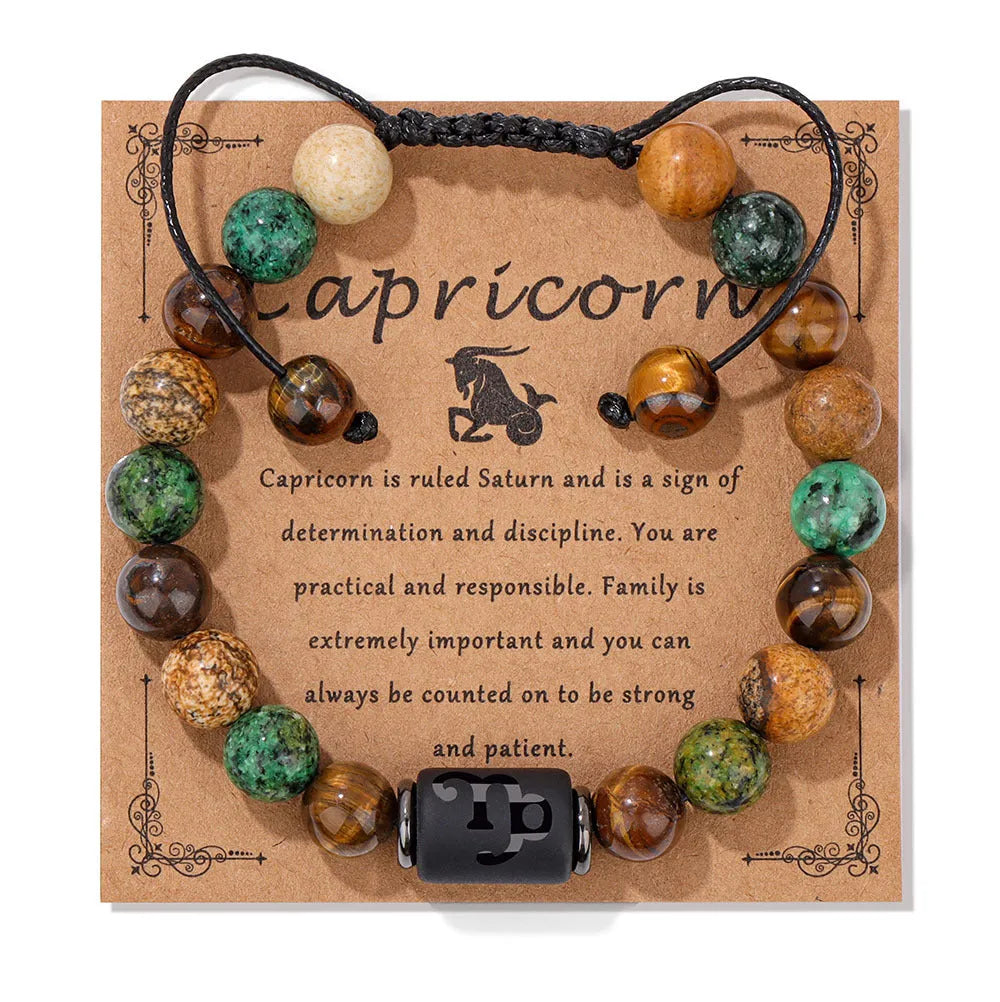 12 constellation woven men's retro natural stone bracelet with agate beads, 19cm length, unisex zodiac design