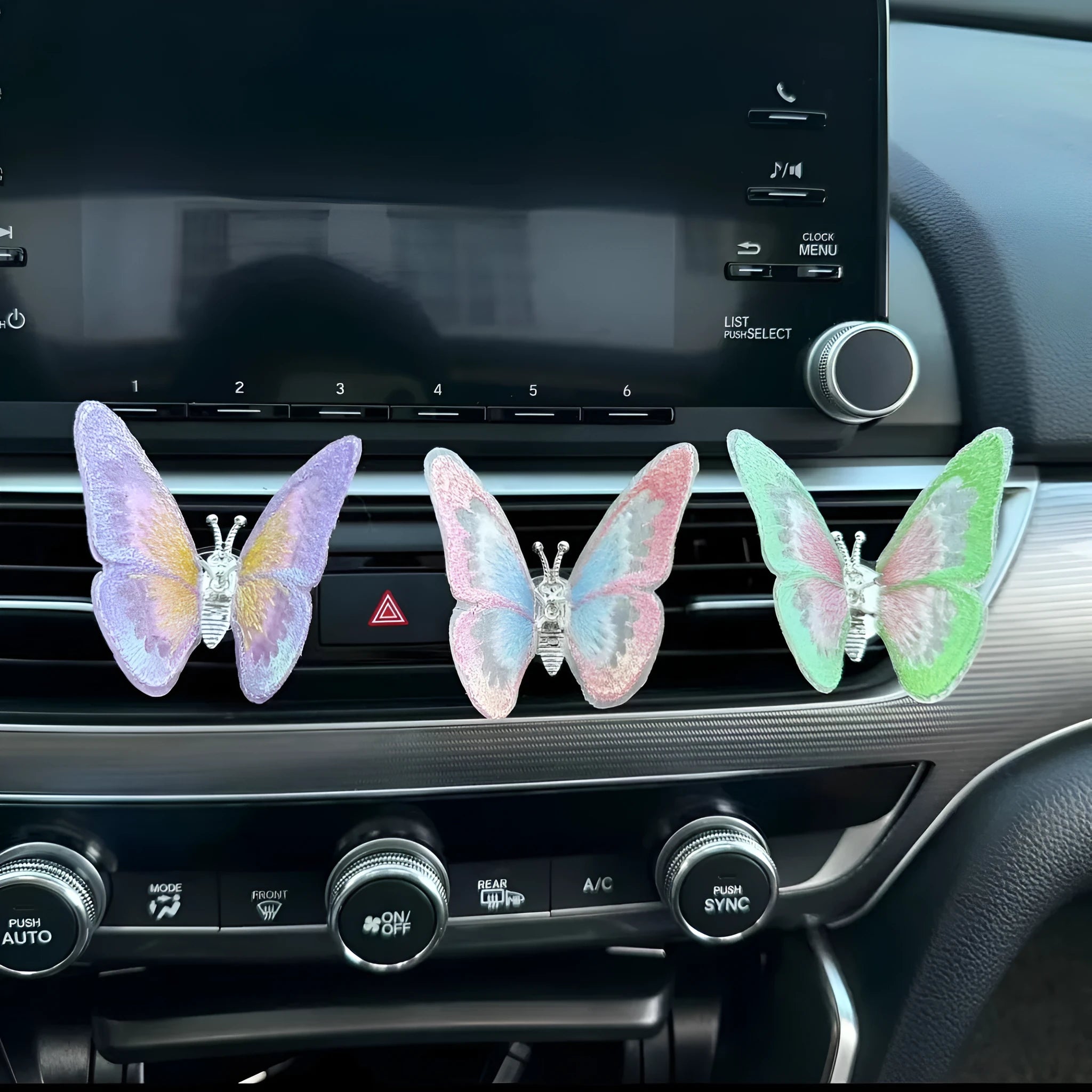 Embroidered butterfly fabric decoration for car air vent or dashboard in multiple colour options