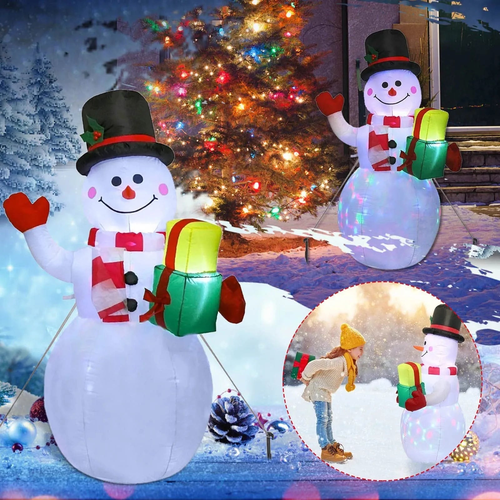Outdoor Christmas LED inflatable decoration showing Santa, snowman, or tree design with illuminated features