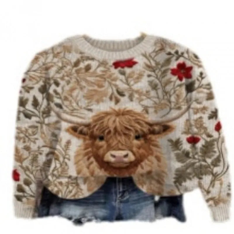 Women's floral print round neck polyester sweater shown in multiple colour options