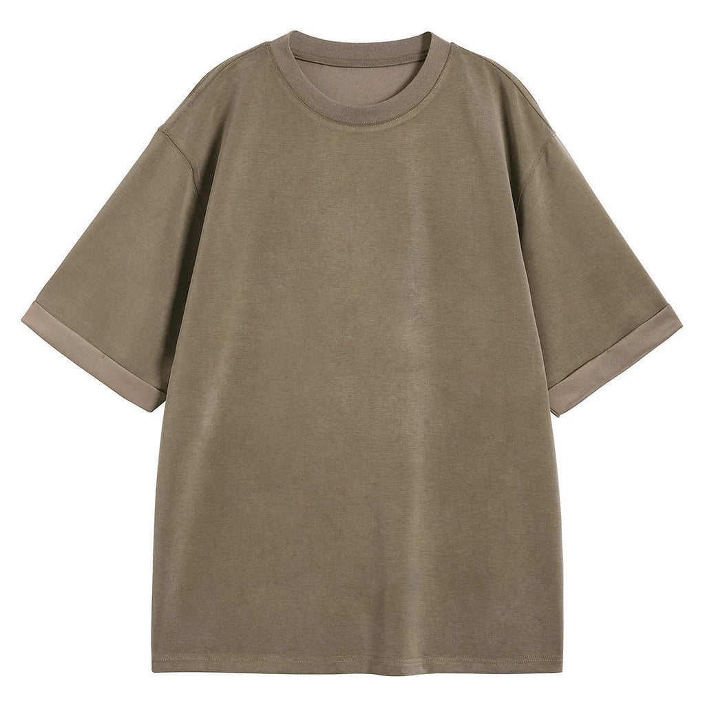 Men's brown drape knit loose fit T-shirt with short sleeves on hanger