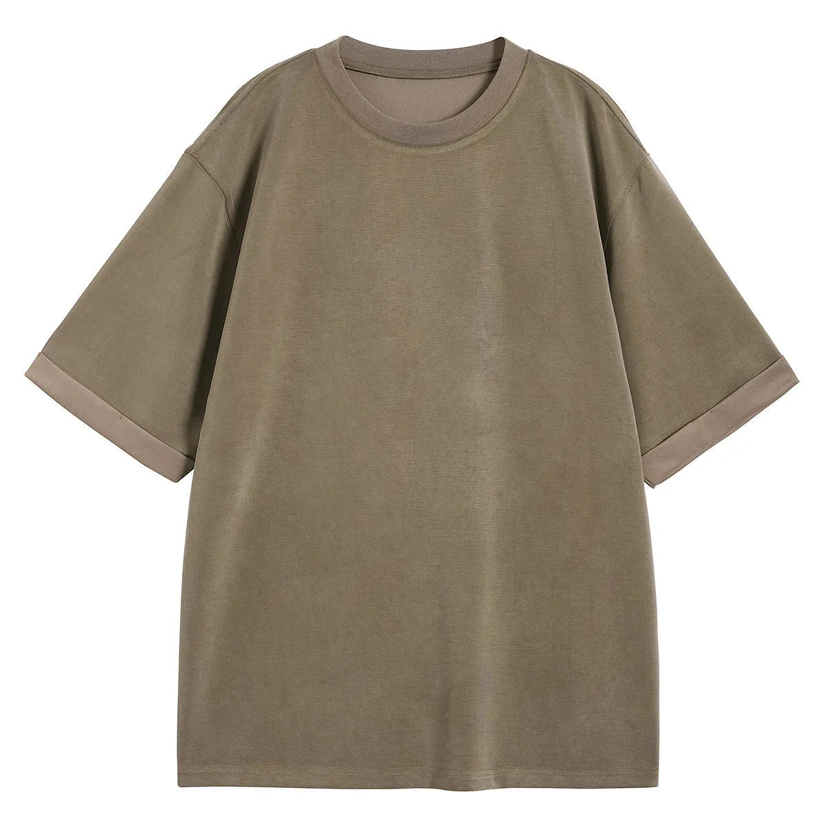 Men's brown drape knit loose fit T-shirt with short sleeves on hanger