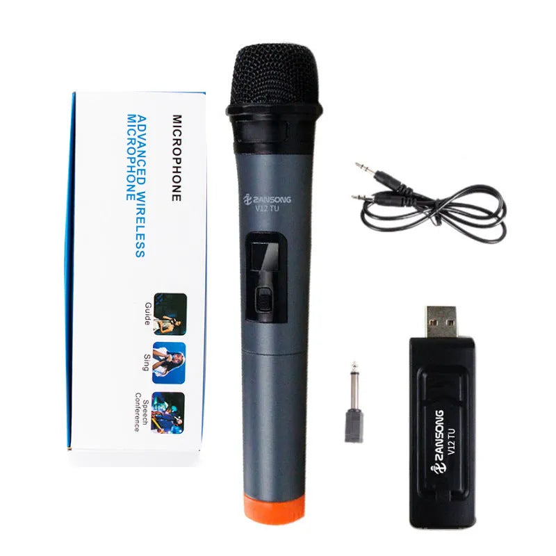 Black V12 wireless dynamic handheld microphone with USB receiver and cables