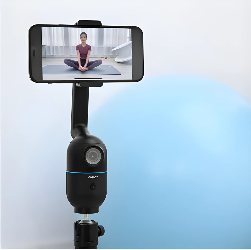 Black mobile phone bracket with face following and PTZ tripod, shown folded and unfolded with included accessories.