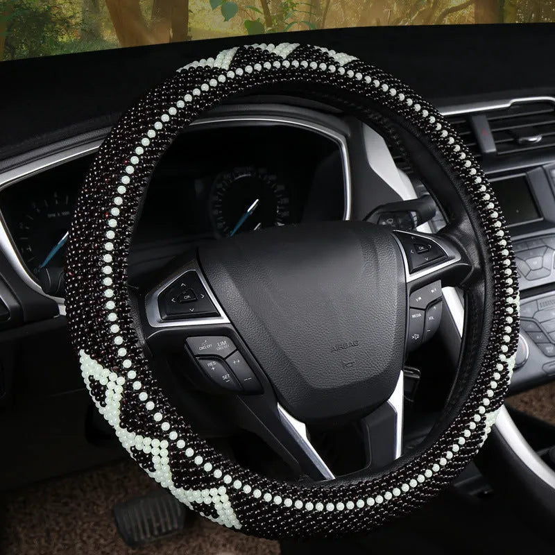 Small card light wooden bead steering wheel cover in Black for 38cm wheels summer style